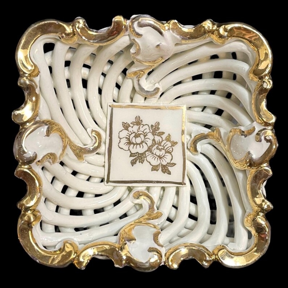 Vintage 1950s Spanish Woven Porcelain Square Trinket Dish - Gold Overlay Accents